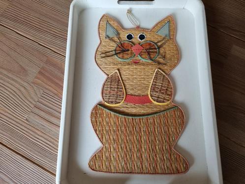 Prachtige Zeldzame Vintage Wandhanger Kat Poes Rotan Stof, Huis en Inrichting, Woonaccessoires | Wanddecoraties, Gebruikt, Verzenden