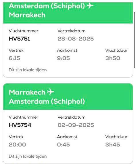 Vliegticket Amsterdam-Marrakech 28-08/02-09, Tickets en Kaartjes, Trein, Bus en Vliegtuig, Eén persoon, Met bestemming of datum