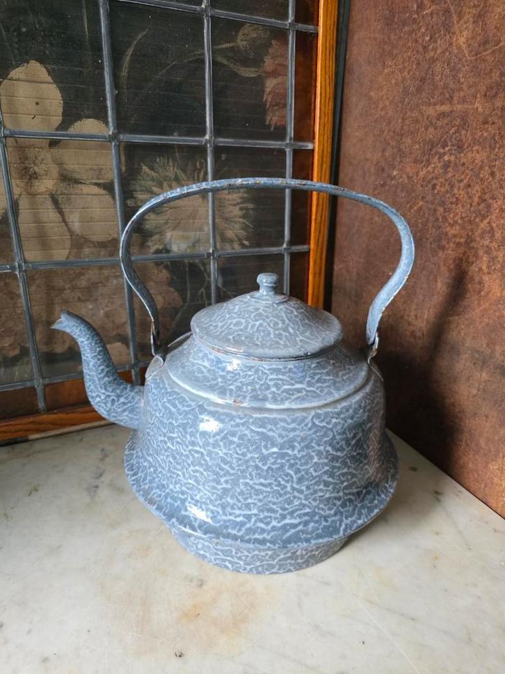 Grijs gewolkte emaille ketel waterketel, Antiek en Kunst, Antiek | Emaille, Ophalen of Verzenden
