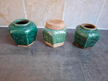 3x Vintage Chinese gemberpotten met 1 deksel. beschikbaar voor biedingen