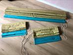 Vouwgordijnen, 3 stuks groen met blauwe bies, Huis en Inrichting, Ophalen, Gebruikt, 100 tot 150 cm, 100 tot 150 cm