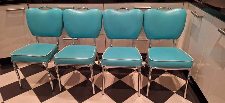 Vier vintage dinerstoelen origineel, Huis en Inrichting, Stoelen, Gebruikt, Vier, Blauw, Ophalen of Verzenden
