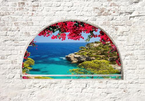 143 Raam Uitzicht Paradijs Vlies Fotobehang 350x250 3 maten, Huis en Inrichting, Stoffering | Behang, Blauw, Rood, Wit, Zwart
