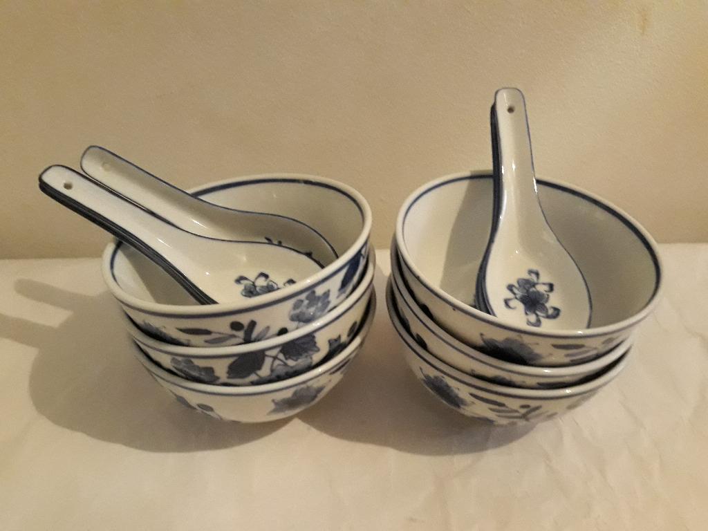 Chineese soepmokken met bijhorende leppels 6 keer, Ophalen of Verzenden, Zo goed als nieuw, Kom(men), Overige stijlen