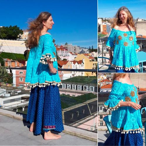 Kanten tuniek off shoulder blouse boho chique TURQUOISE GOUD, Kleding | Dames, Blouses en Tunieken, Nieuw, Maat 42/44 (L), Blauw