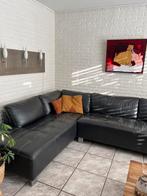 Zwart leren hoekbank, Ophalen, 250 tot 300 cm, Gebruikt, Hoekbank