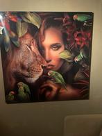 Plexiglas Foto - Leeuw, Vrouw & Papegaaien, Huis en Inrichting, Ophalen, Zo goed als nieuw, Foto of Poster, 50 tot 75 cm