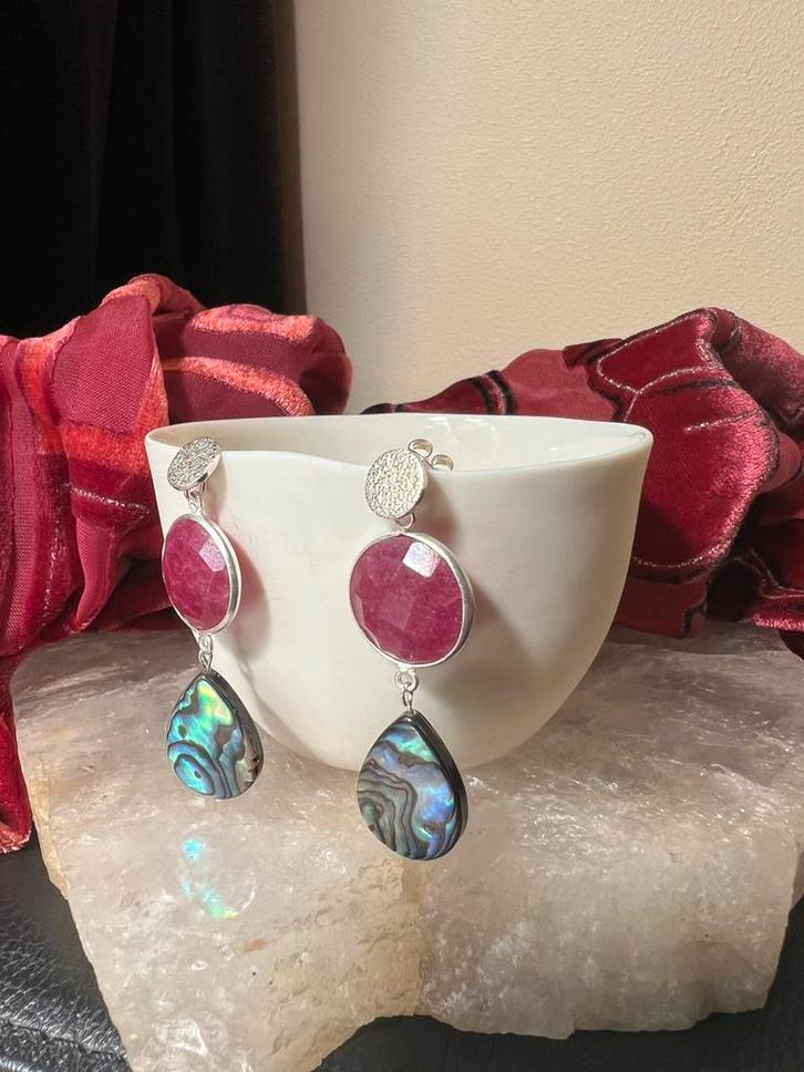 Robijn abalone zilver beschermt geluk liefde passie powerful, Sieraden, Tassen en Uiterlijk, Oorbellen, Nieuw, Zilver, Rood, Met edelsteen