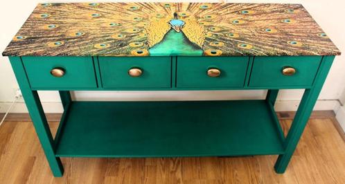 Turquoise groene sidetable “Pauw”, 4 lades, tafel, kastje, Huis en Inrichting, Tafels | Sidetables, Zo goed als nieuw, 25 tot 50 cm