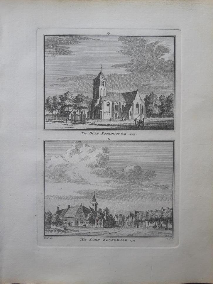 83-84*/ Dorp Noordgouwe en Zonnemare Gravure uit 1754, Antiek en Kunst, Kunst | Etsen en Gravures, Ophalen of Verzenden