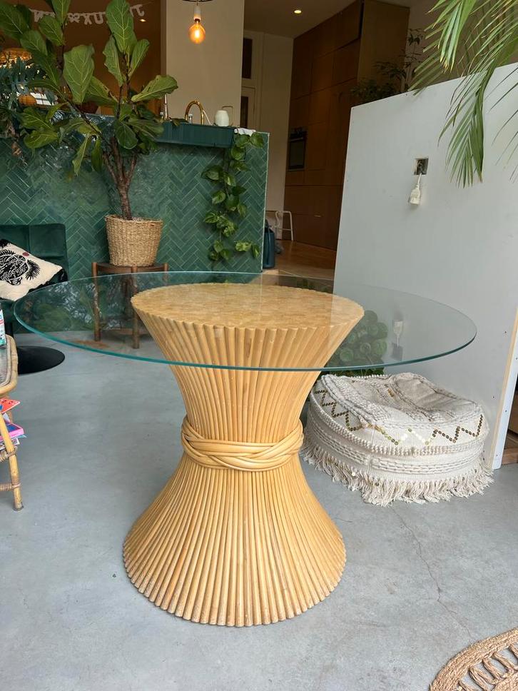 Vintage Bamboo Glazen Korenschoof Eettafel (doorsnede 110cm), Huis en Inrichting, Tafels | Eettafels, Gebruikt, 100 tot 150 cm