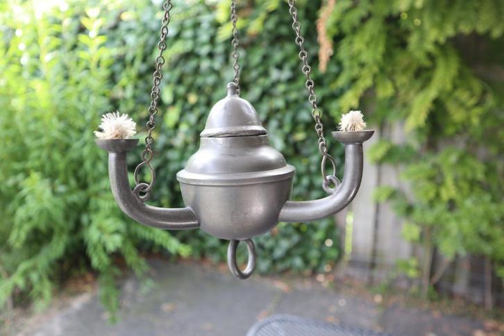 tinnen olielampje tin olie lamp hanglamp 3-poot ongebruikt, Antiek en Kunst, Antiek | Tin, Ophalen of Verzenden
