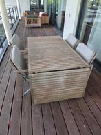 Houten tuinset met uitschuifbare tafel – 4 stoelen + kussens, Ophalen, Zo goed als nieuw, Hout