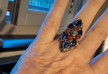 Afghaanse Zilveren Ring Lapis, Koraal, Turquoise - Maat 19 beschikbaar voor biedingen