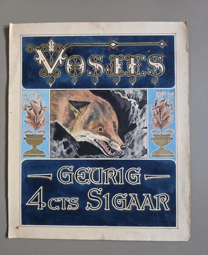 048) ORIGINEEL ONTWERP VOSJES GEURIG 4 CTS SIGAAR, Verzamelen, Merken en Reclamevoorwerpen, Gebruikt, Reclamebord, Ophalen of Verzenden