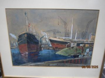 Marine Aquarel, Havengezicht Mario KRIEK (pieterScheen ) beschikbaar voor biedingen
