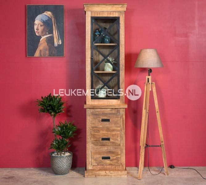 Mangohouten vitrinekast Emma, uit VOORRAAD leverbaar!!, Huis en Inrichting, Kasten | Vitrinekasten, Nieuw, 200 cm of meer, 50 tot 100 cm