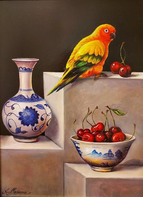 Stilleven met papegaai en Chinees aardewerk, Antiek en Kunst, Kunst | Schilderijen | Klassiek, Ophalen of Verzenden