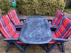 Tuinset – 4 stoelen met kussens + tafel (165x95x70 cm), Tuin en Terras, Ophalen, 4 zitplaatsen, Kunststof, Zo goed als nieuw