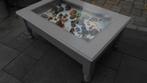 Aparte leuke vitrine tafel salontafel grenen + glasplaat, Ophalen, Gebruikt, 100 tot 150 cm, 50 tot 100 cm