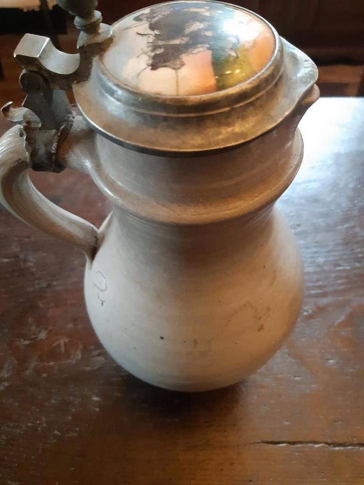 Antieke Duitse aardewerk bierkan met tinnen deksel, Antiek en Kunst, Antiek | Keramiek en Aardewerk, Ophalen of Verzenden