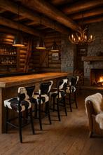 Luxe Bistro Barkrukken met Koeienhuid, Huis en Inrichting, Metaal, Met voetsteun, 60 tot 90 cm, Nieuw