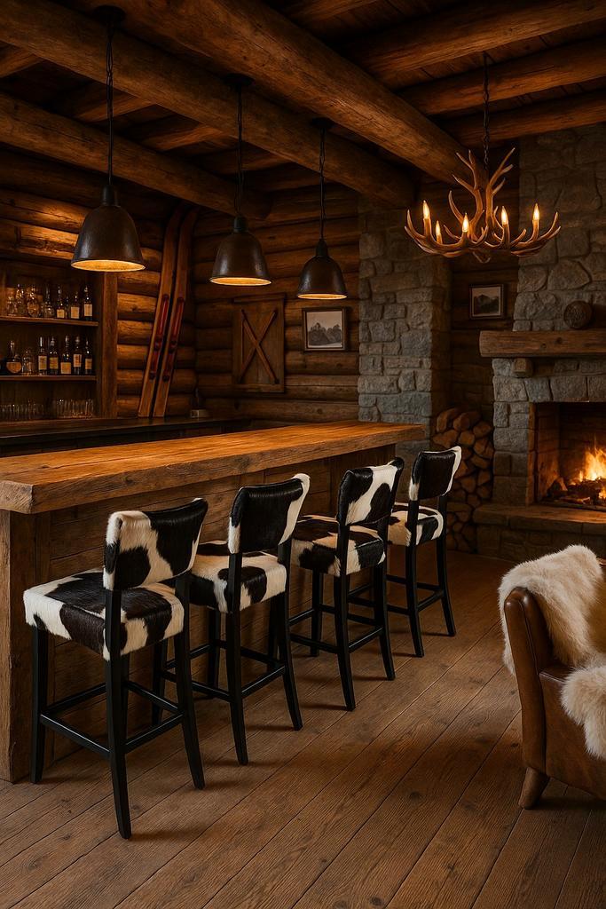 Luxe Bistro Barkrukken met Koeienhuid, Huis en Inrichting, Barkrukken, Nieuw, 60 tot 90 cm, Hout, Leer, Metaal, 1 kruk, Met voetsteun