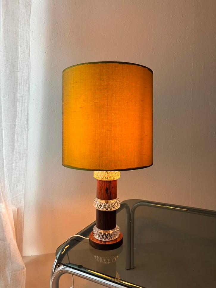 Vintage tafellamp palissander kristalglas jaren 60 Fagerlund, Huis en Inrichting, Lampen | Tafellampen, Gebruikt, Glas, Hout, Metaal