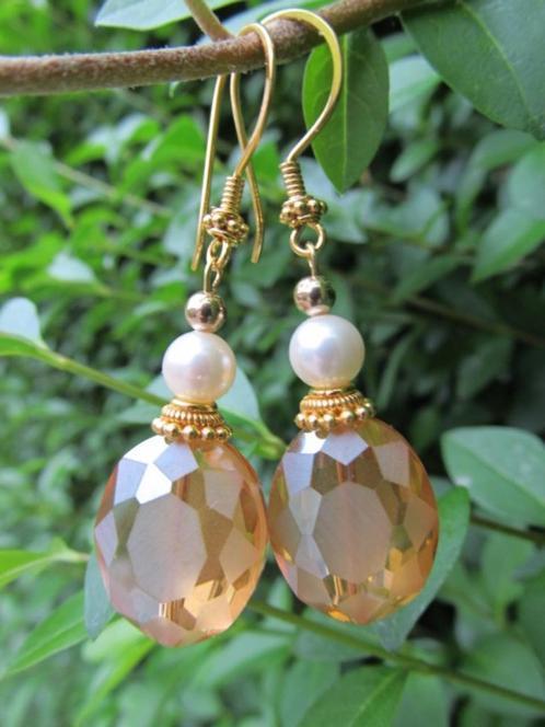 Oorbellen Laurentia kristalglas facet-shellparel-kraal goud, Sieraden, Tassen en Uiterlijk, Oorbellen, Nieuw, Goud, Bruin, Met kristal