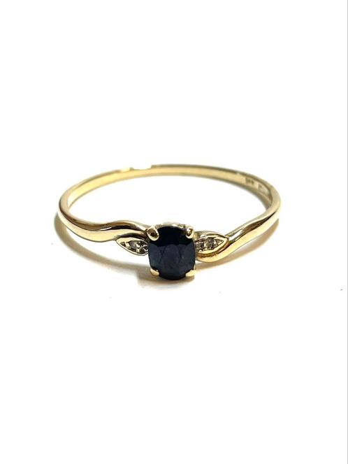 14k gouden ring met een saffier en diamanten, Sieraden, Tassen en Uiterlijk, Ringen, Zo goed als nieuw, Dame, 20 of groter, Goud