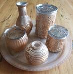 roze " zilverglas " dienblaadje, 3 theelichtjes & 2 vaasjes, Overige materialen, Gebruikt, Overige kleuren, Ophalen of Verzenden