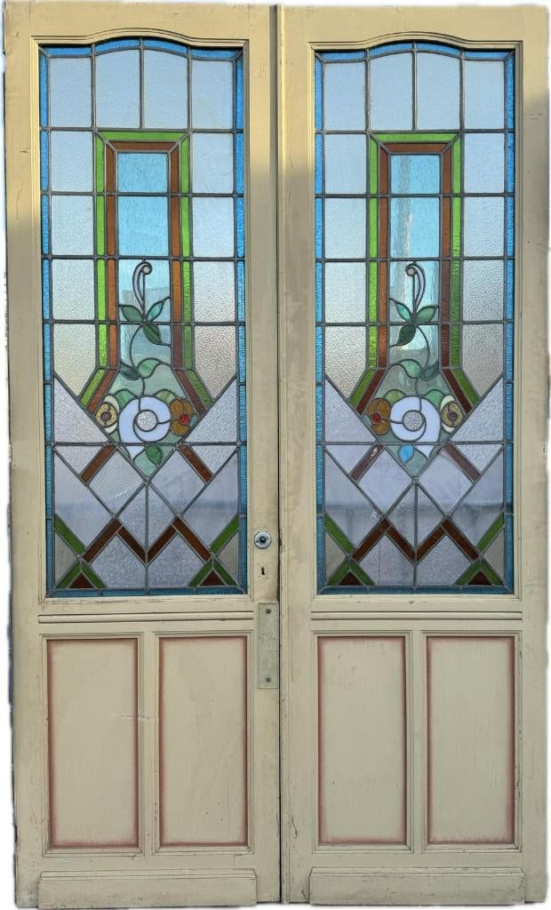 Set Jugendstil openslaande glas in lood deuren 257x154cm., Ophalen
