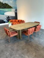 Teakhouten tafel met 6 aluminium stoelen met kussens., Ophalen, 6 zitplaatsen, Tuinset, Eettafel