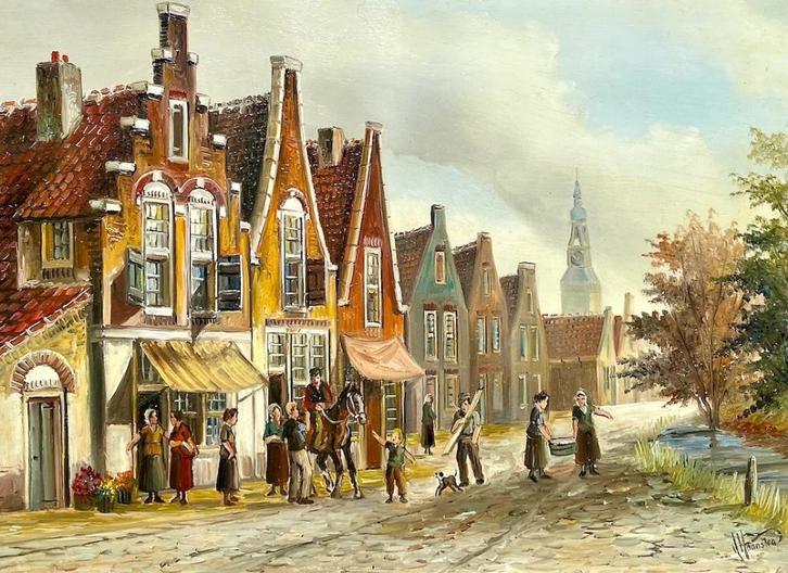 Nostalgische stads-, dorps- en strandgezichten, Antiek en Kunst, Kunst | Schilderijen | Klassiek, Ophalen of Verzenden