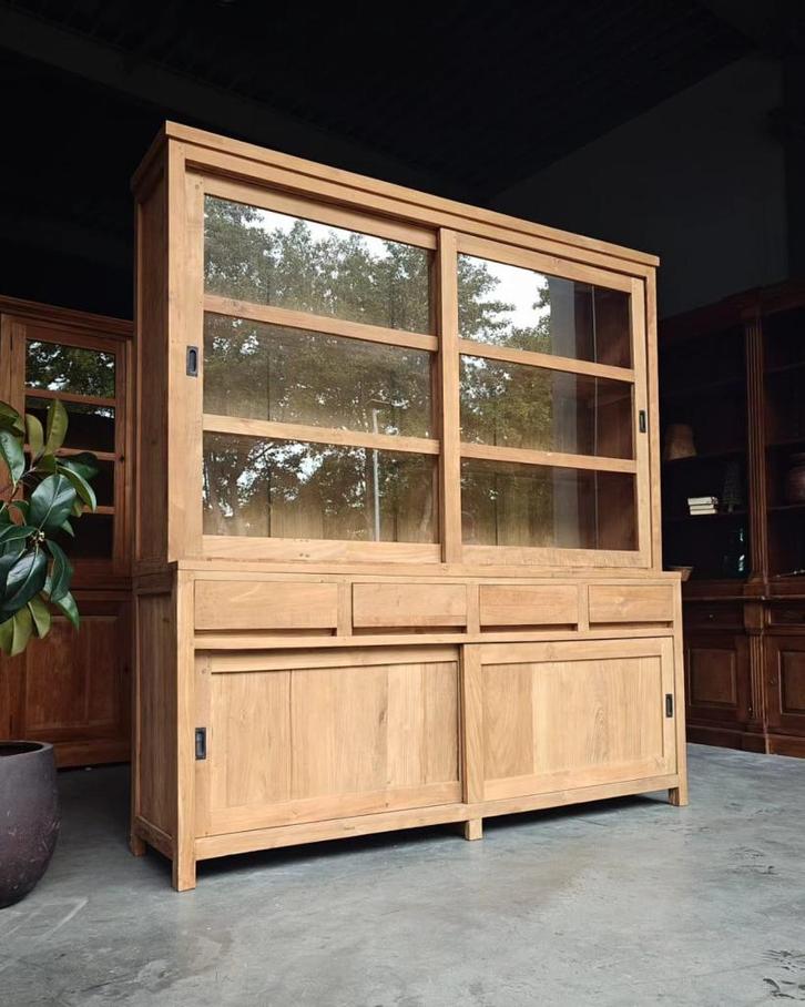Greeploze Schoolkast | Strakke Buffetkast | Teakhout #2256, Huis en Inrichting, Kasten | Buffetkasten, Gebruikt, 200 cm of meer