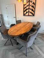 Mangohouten eettafel met stalen poten + 5 draaibare stoelen, Huis en Inrichting, Tafels | Eettafels, Gebruikt, Vijf personen of meer