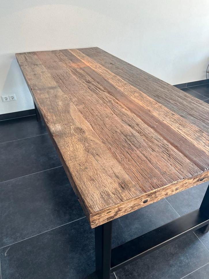 Stoere houten tafel mt metalen poten, industrieel, 220x95x77, Huis en Inrichting, Tafels | Eettafels, Gebruikt, 50 tot 100 cm