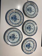 5 Chinese blauw/witte rijstoogkorrel dinerborden, Ophalen of Verzenden