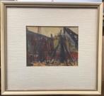 Wim Burger, schilderij, gouache, Amsterdam, hijskraan, bouw, Ophalen of Verzenden