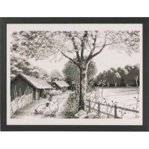 Borduurpakket Permin landschap met kippen 908803, Hobby en Vrije tijd, Borduren en Borduurmachines, Nieuw, Borduurpakket, Handborduren