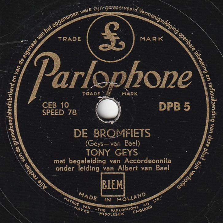 Tony Geys Albert van Bael – De Bromfiets Shellac, 10", 78, Cd's en Dvd's, Vinyl | Overige Vinyl, Gebruikt, 12 inch, Ophalen of Verzenden