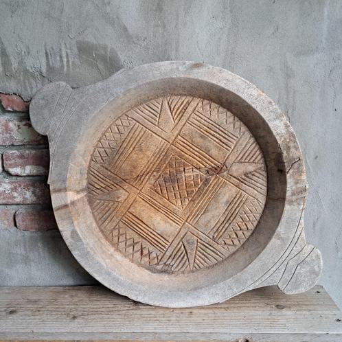 Landelijke grote houten schaal 2 greepjes ø 51cm *Etage3*, Huis en Inrichting, Woonaccessoires | Overige, Gebruikt, Ophalen of Verzenden