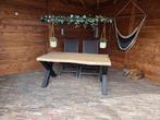 Massief Eiken Tuin Tafel met Stalen X Poten, Tuin en Terras, Tuintafels, Ophalen, Zo goed als nieuw, Rechthoekig, Hout