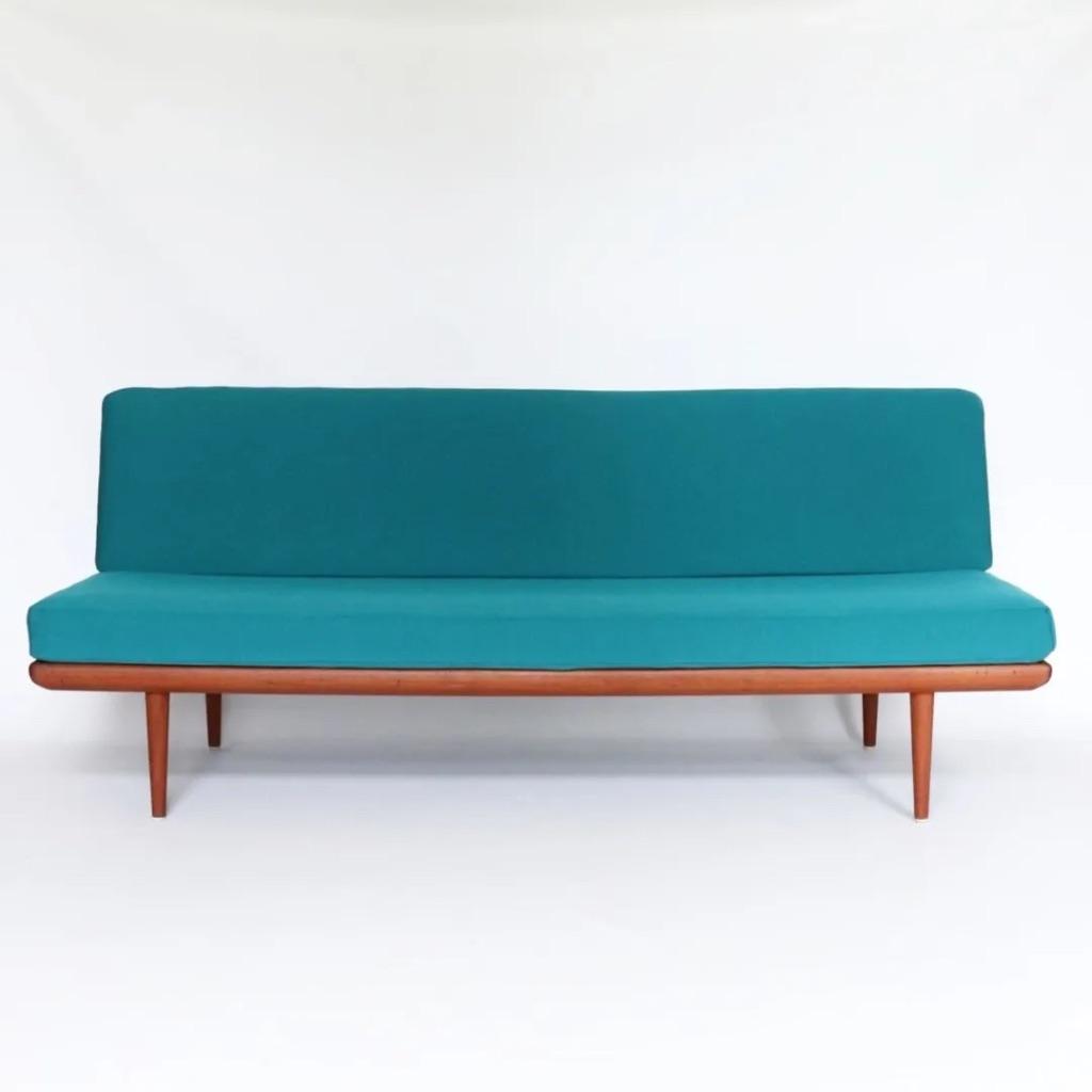 Vintage Minerva daybed 3 zits bank Kvadrat stof teak uniek, Vintage retro midcentury deens design, 150 tot 200 cm, Driepersoons