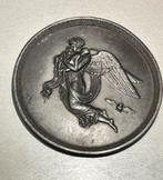 Relief in metaal engel met 2 cherubijnen en 1 uil. Ø 12.3 cm, Antiek en Kunst, Curiosa en Brocante, Ophalen of Verzenden