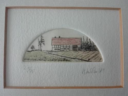 Genummerde mini ets, gesigneerd, nr 27/75., Antiek en Kunst, Kunst | Etsen en Gravures, Ophalen of Verzenden