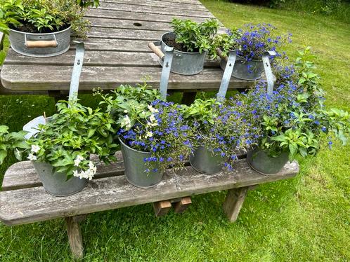 Zinken hang potten vier stuks, Tuin en Terras, Bloempotten, Zo goed als nieuw, Metaal, Minder dan 25 cm, Rond, Ophalen