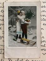 1911 Dame en heer met kerstboom en slee in sneeuw (JJ), Ophalen of Verzenden, Voor 1920, Gelopen, Feest(dag)