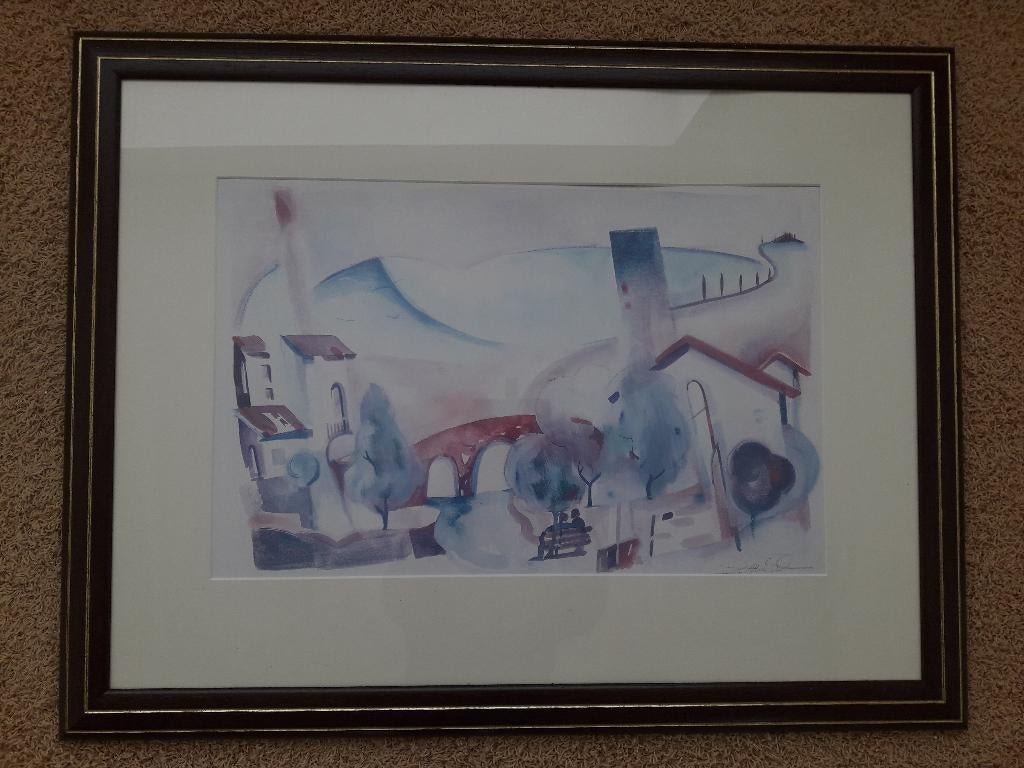 Litho / Prent met een dorpje, modern geschilderd, Antiek en Kunst, Ophalen