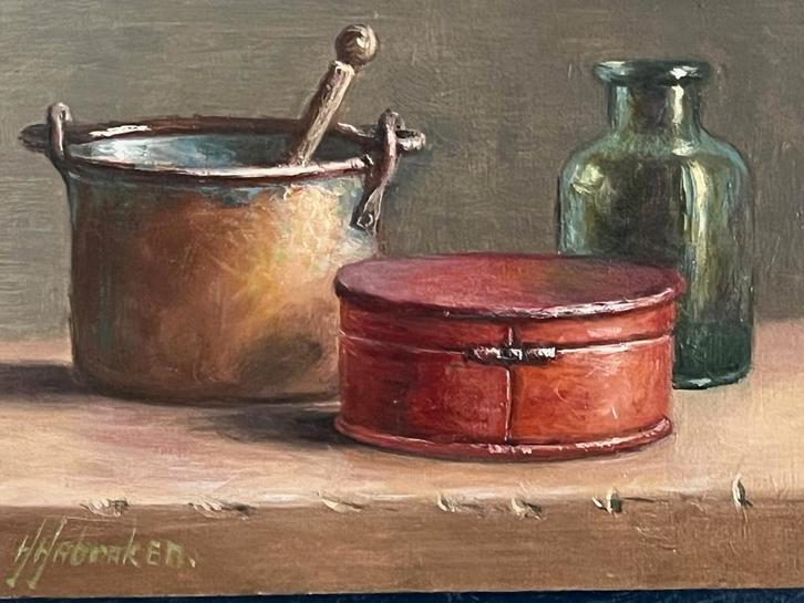 Hans Habraken, stilleven met doosje, fles en pan, Antiek en Kunst, Kunst | Schilderijen | Klassiek, Ophalen